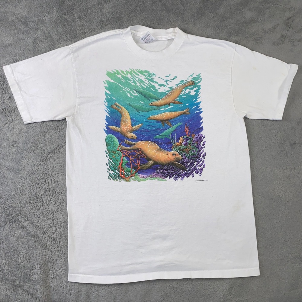 Common Threads Graphic Tee Unisex L White 1998 Sea Lion Marine Life Vintage 90s